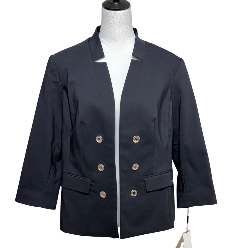 NEW Calvin Klein Blazer Women 14W Black Open Front 3/4 Sleeve Stretch Jacket